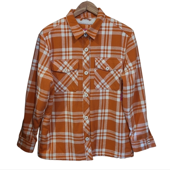 Empyre Jackets & Blazers - Unisex Empyre Plaid Shacket Fleece Lined Flannel Orange & White Medium NWT's!